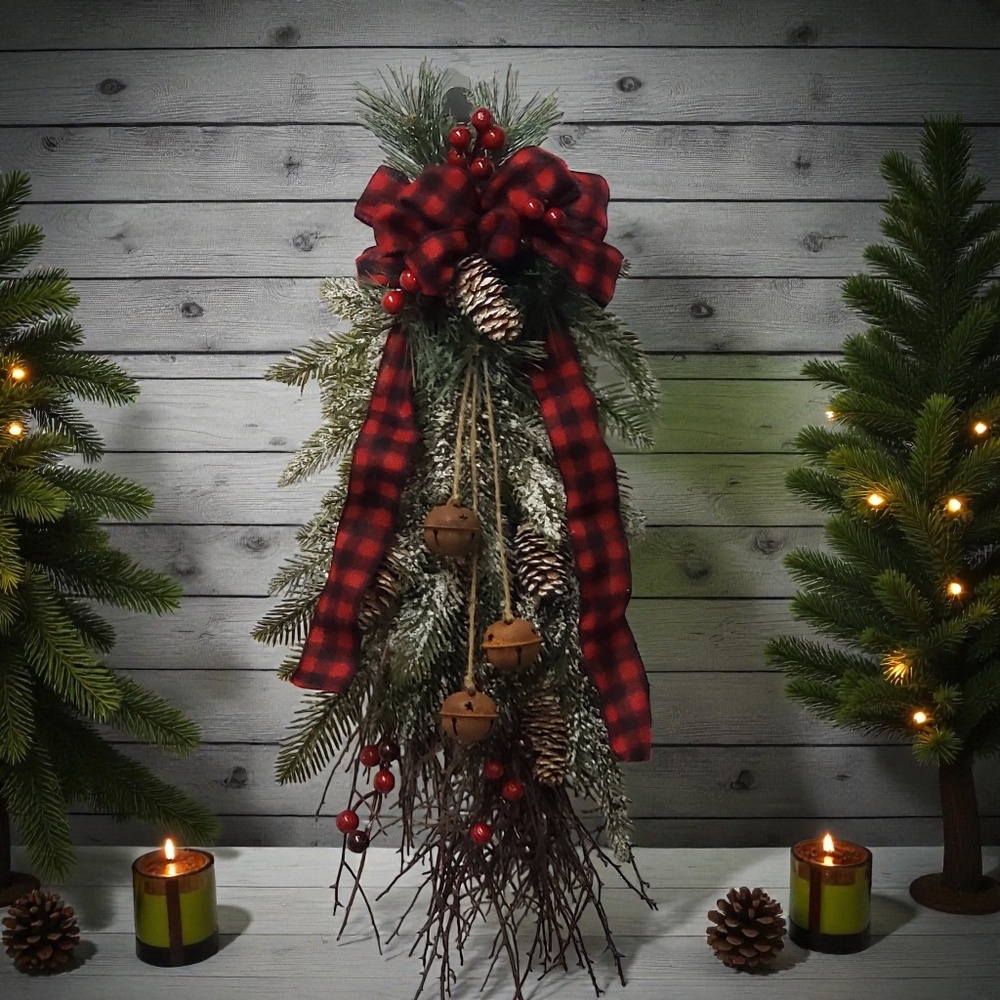 Christmas Holiday Swag Door Hanging Wreath/ Red and Black Buffalo Plaid Ribbon